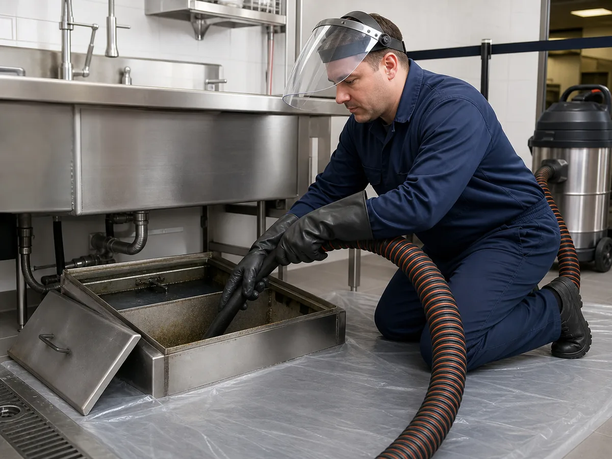 Ilustração institucional de limpeza técnica de caixa de gordura em cozinha profissional