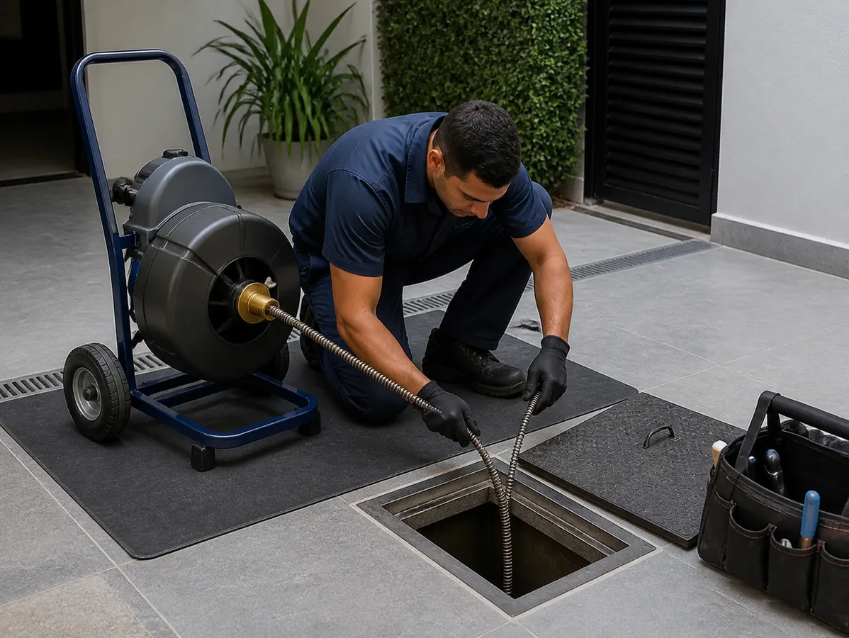 Ilustração institucional de técnico operando máquina rotativa em caixa de inspeção de esgoto protegida