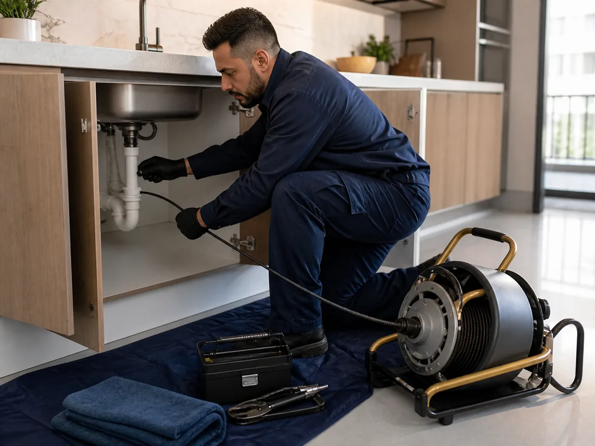 Ilustração institucional de técnico avaliando a tubulação sob uma pia com equipamento rotativo